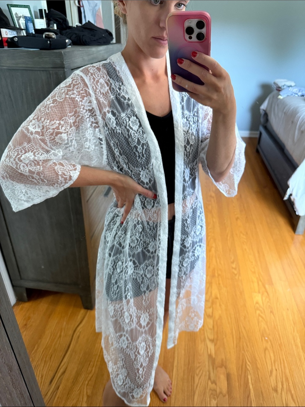 Sheer White Lace Kimono Cover-Up
